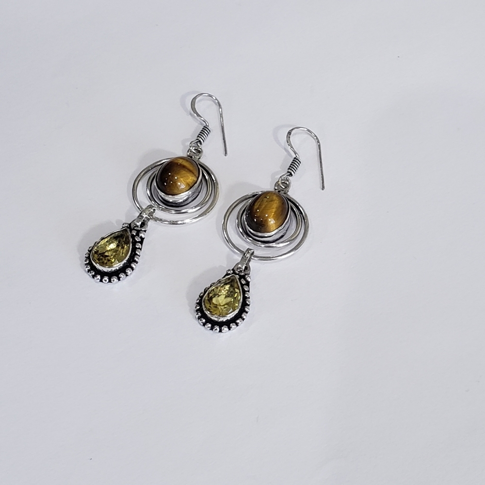Tiger eye earrings, 925 silver tiger eye citrine dangle earrings - Picture 4 of 12